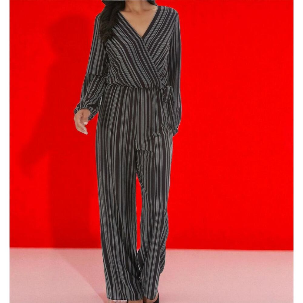 APT 9 Jumpsuit Wide Leg Surplice Wrap Tie Front Long Sleeve Black & White - XL